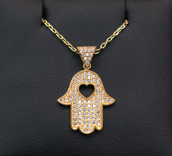 21 Karat Gold Chain with Gold Pendant, Hand of Fatima or Hamsa with cubic zirconias and a heart