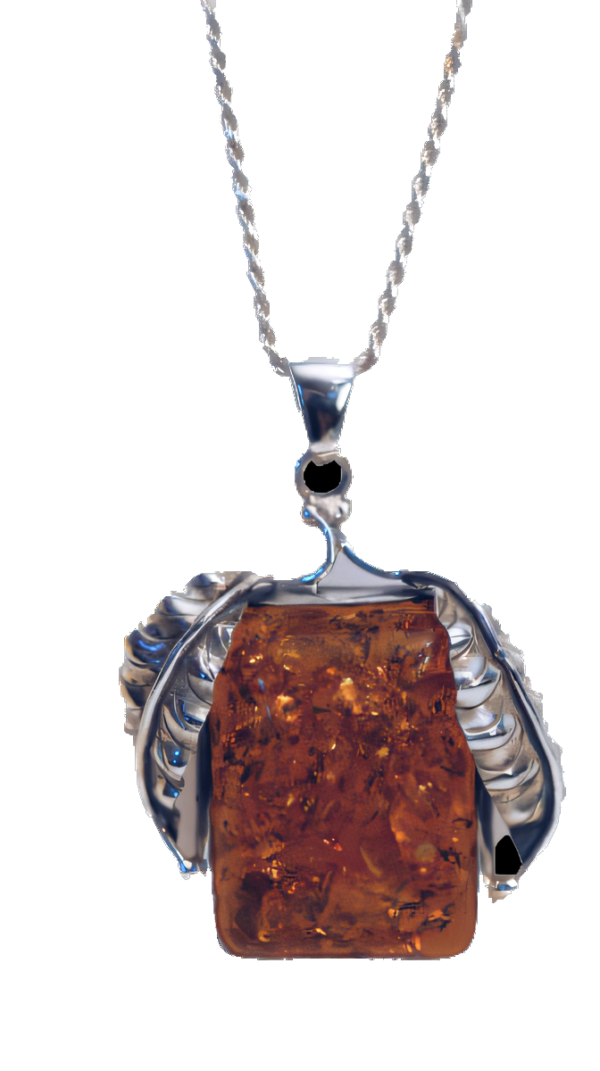 "Elegant silver amber leafy pendant featuring a rich, golden-brown amber stone set in a silver frame with detailed leaf designs on each side, presented on a delicate silver chain."